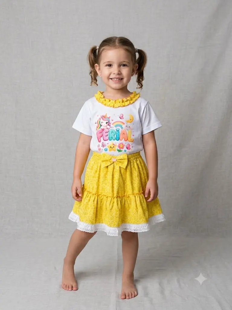 Conjunto niña con camiseta personalizada y falda amarilla