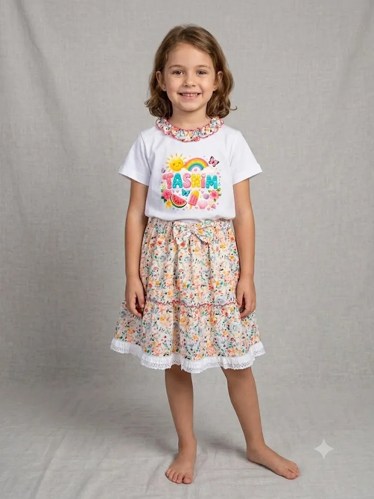 Conjunto niña con camiseta personalizada y falda floral